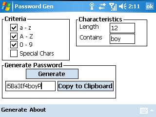 Password Generator:      Pocket PC